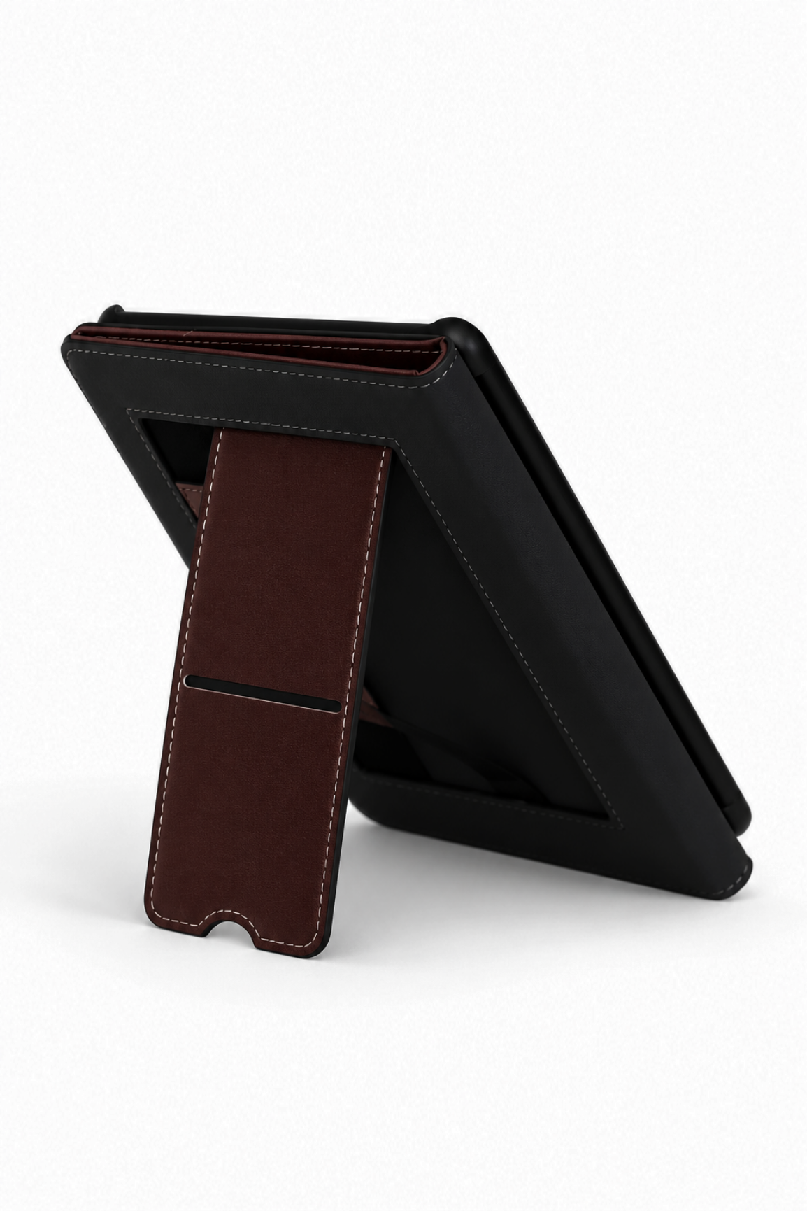 Dark red kindle case with a dark red leather-look kickstand, shown open on a clean white background.