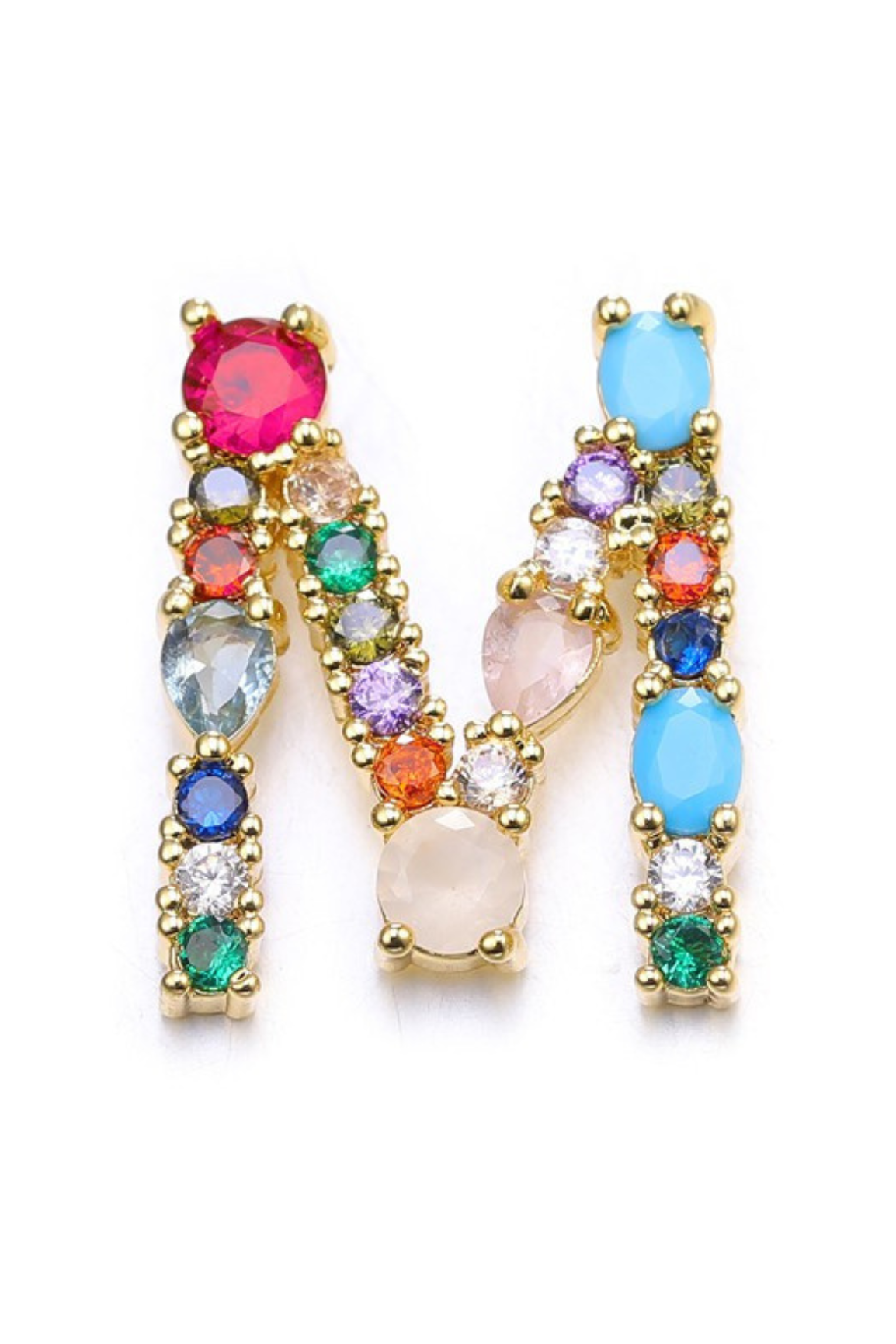 Multicolored gemstone earrings with gold setting on a white background