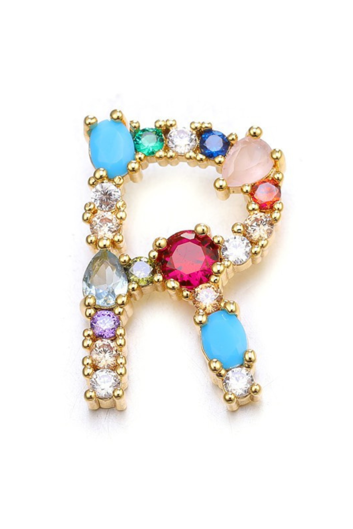 Decorative letter 'R' with colorful gemstones on a white background