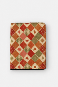 A rectangular tablet case featuring a vintage-style patchwork argyle pattern with red, orange, green, and beige diamond sections, set against a plain light gray background.