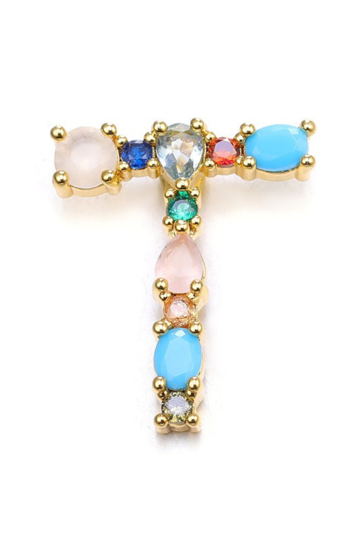 Gold earring with colorful gemstones on a white background