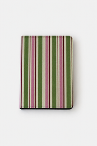 A slim hardcover notebook or journal with a vertical striped pattern in olive green, dusty pink, and cream, shown closed on a clean white background.