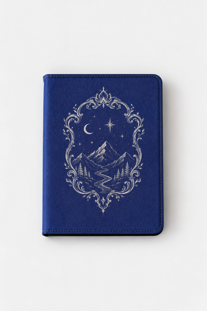 A blue notebook or journal with a silver-toned ornate border design featuring a mountain landscape, stars, and a crescent moon on the front cover, shown against a plain light background.