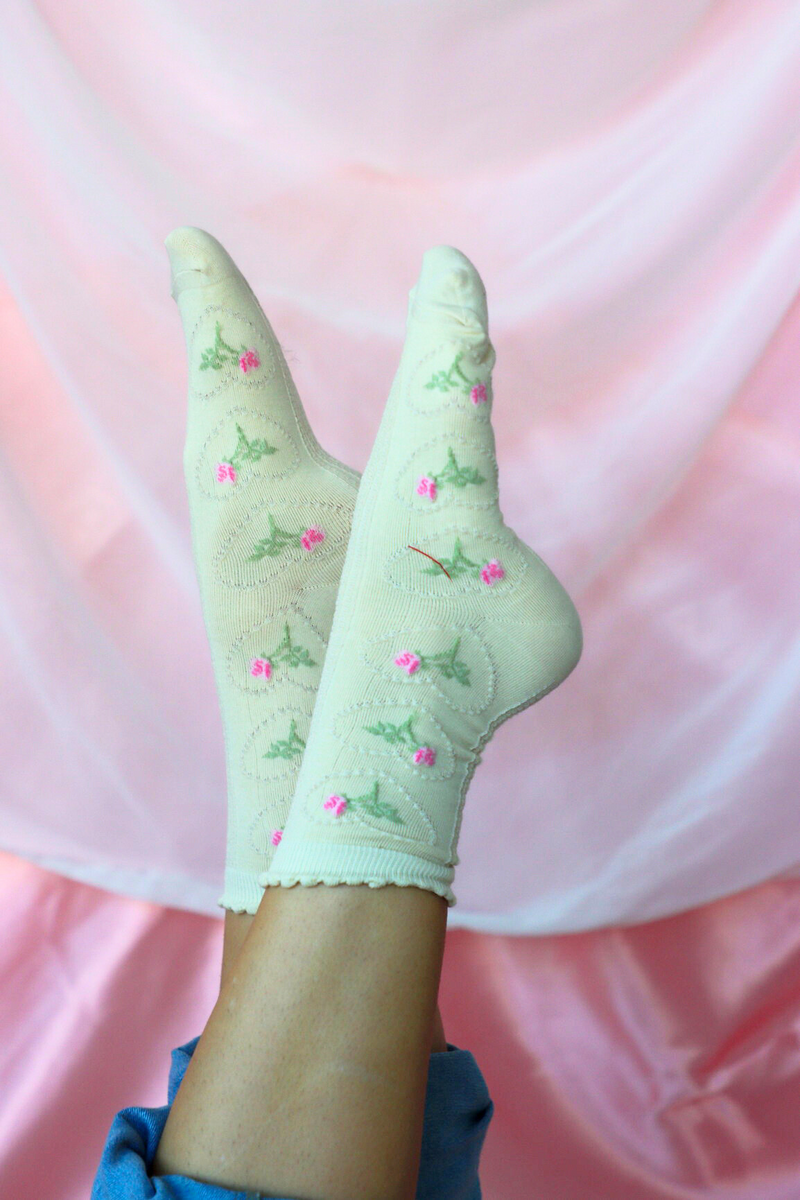 cream crew socks with floral pattern