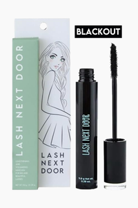 Lash Next Door Blackout eyelash conditioner and mascara shown with its packaging on a white background. The set includes a mint green box, a white hanging card with an illustration, a black tube, and the applicator wand.