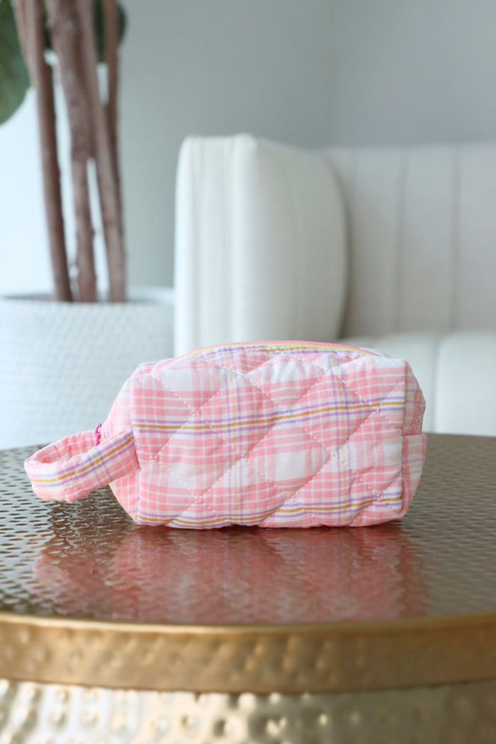 pink plaid makeup bag