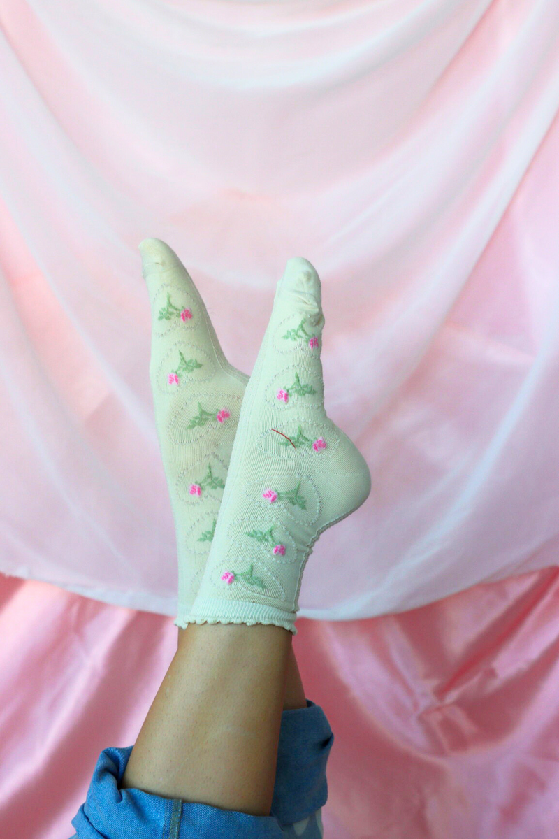 cream crew socks with floral pattern