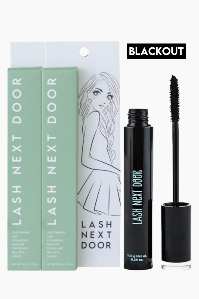 Lash Next Door Blackout eyelash serum shown with its black tube, wand, and mint green outer packaging on a white background.