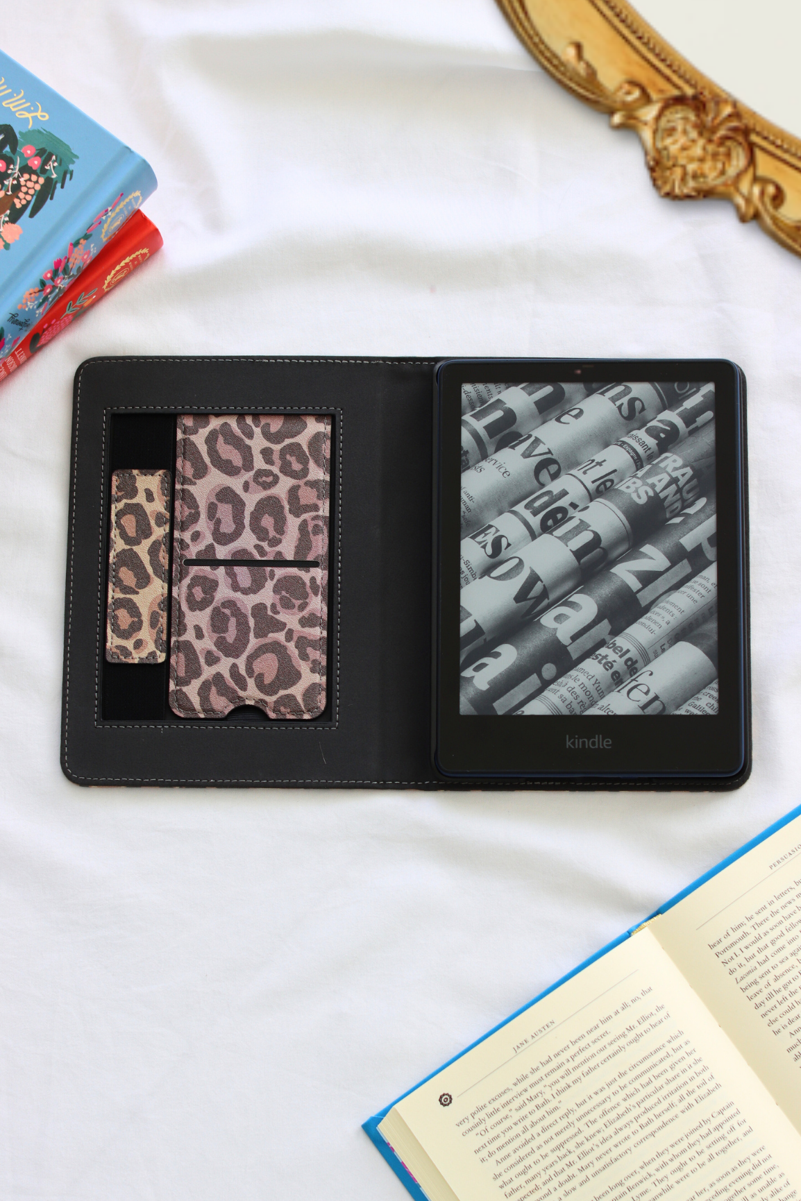 leopard print kindle on a white surface.