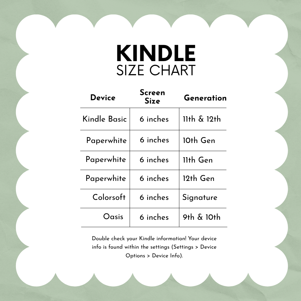 kindle size chart