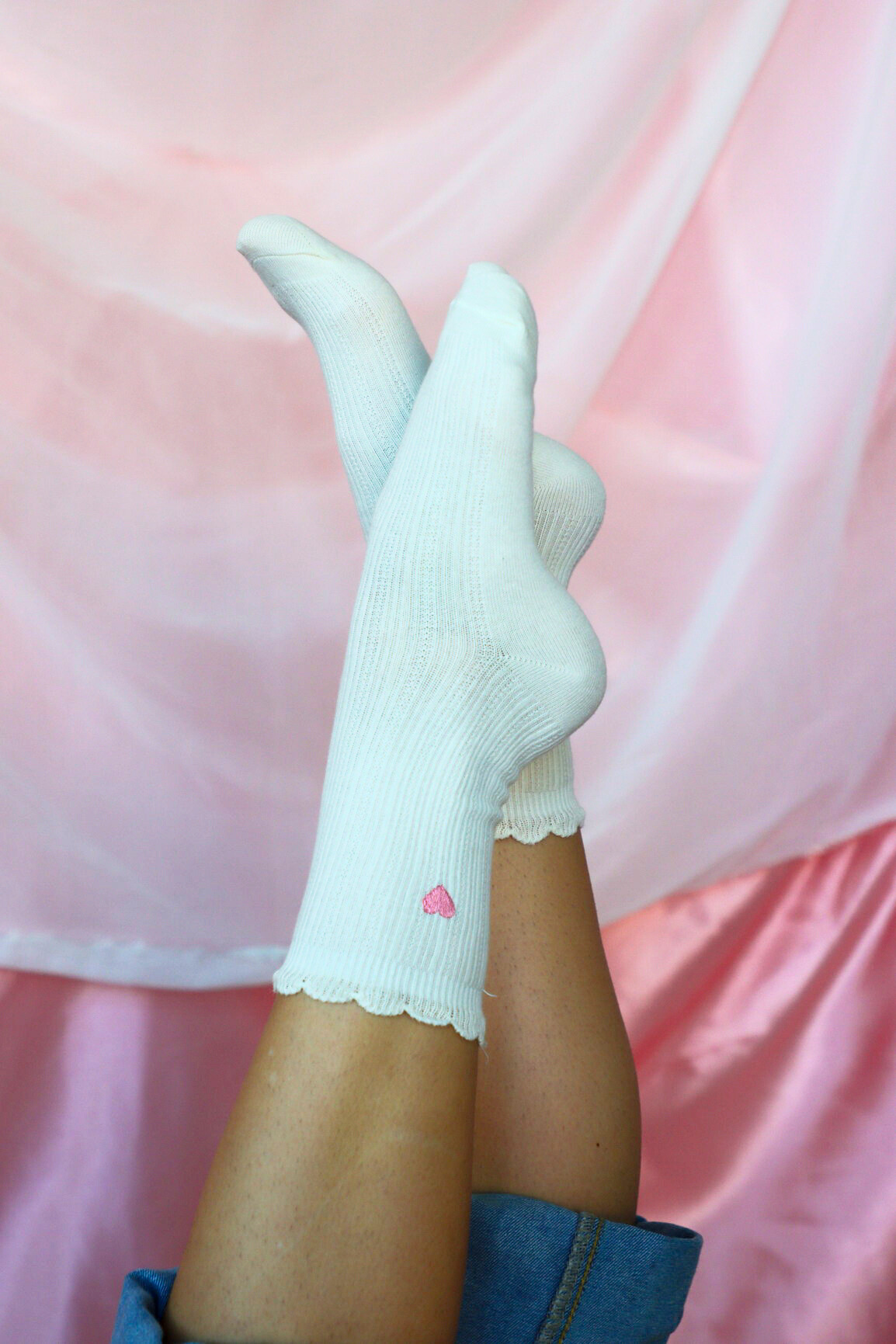 white crew sock with pink heart