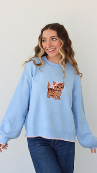 Woman wearing a light blue sweater with a cat embroidery design against a white background 