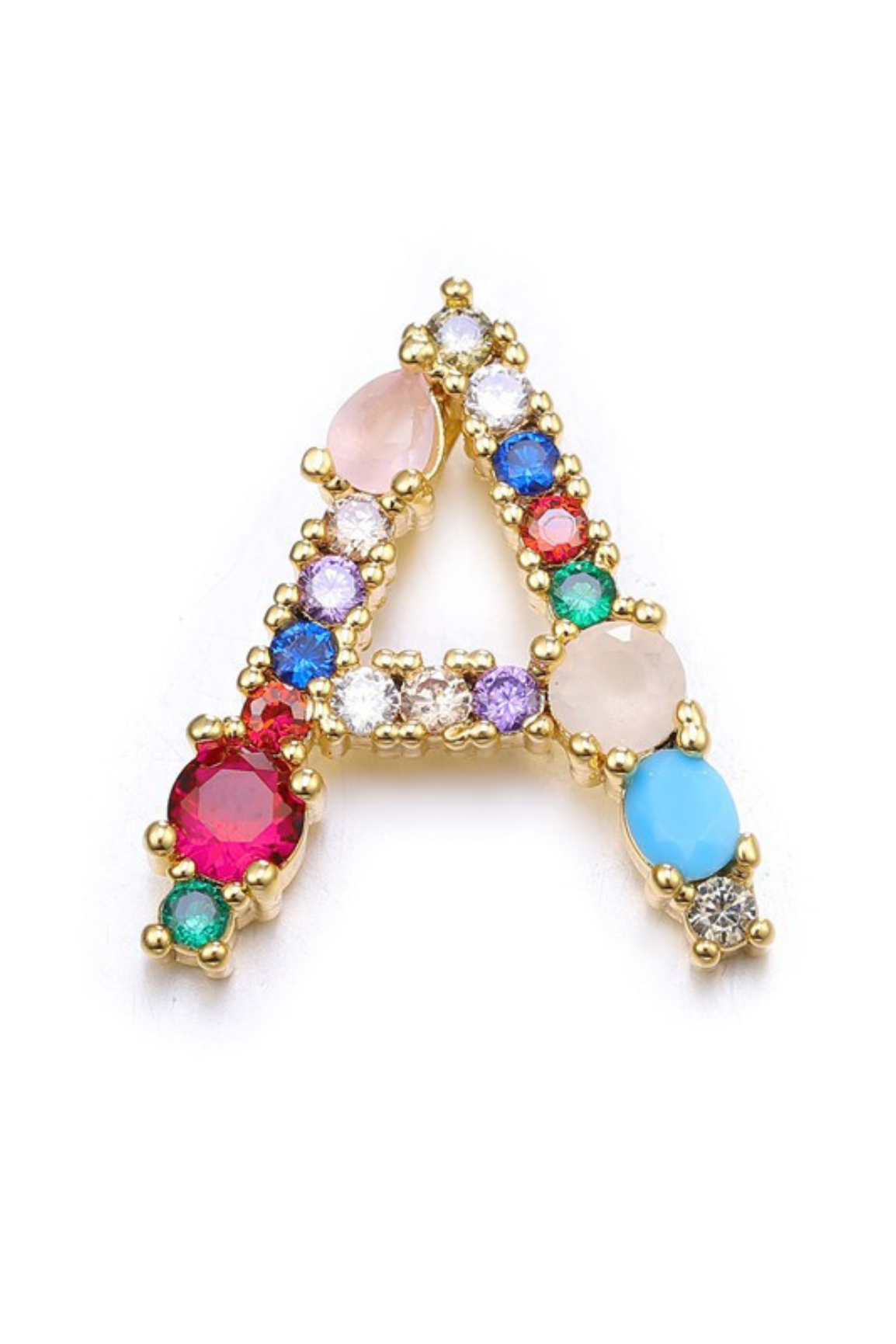 Jewelry letter 'A' with multicolored gemstones on a white background