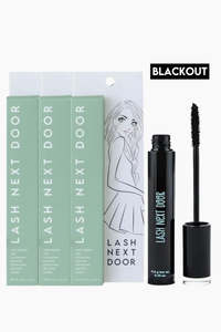 Lash Next Door mascara set featuring four light green boxes, a black tube, and the applicator wand on a white background with a 'BLACKOUT' label.