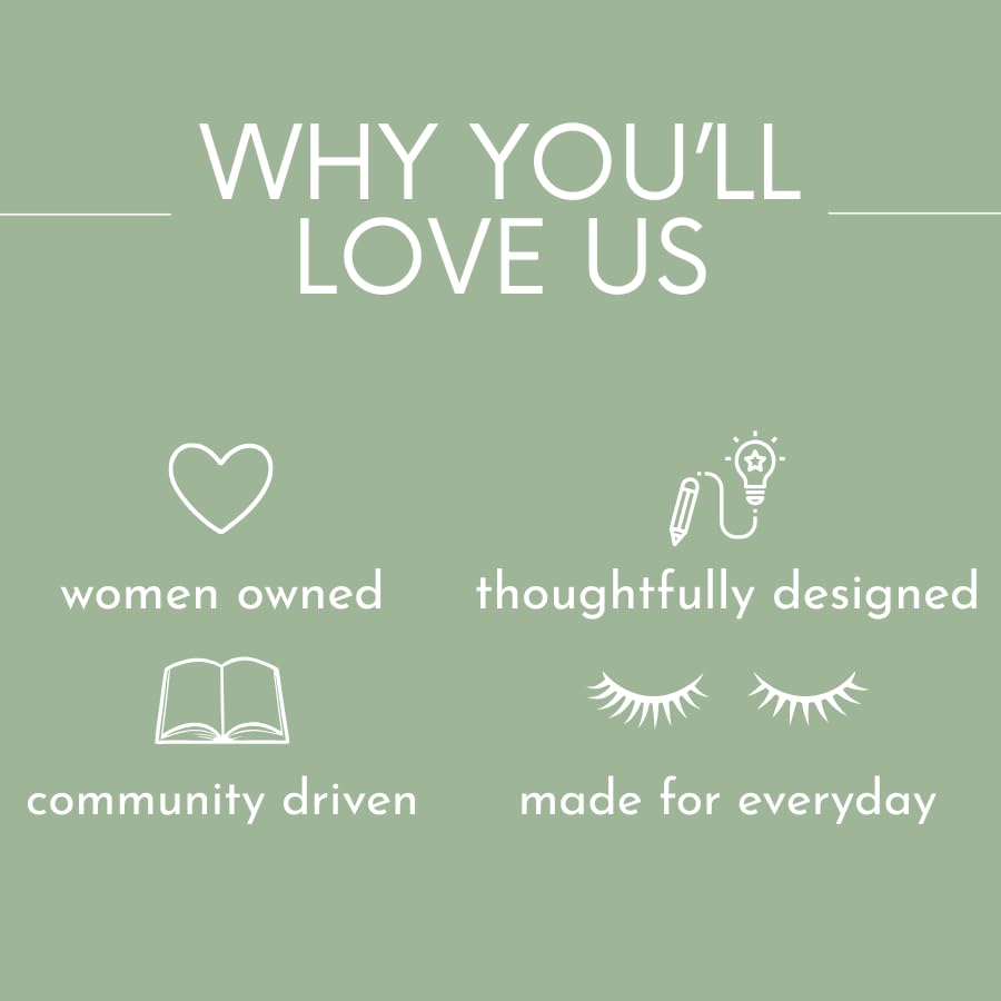 Green background with white text and icons listing reasons to love a brand.