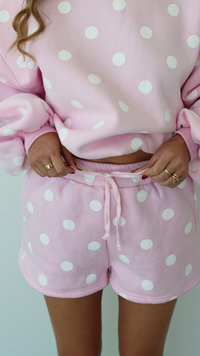 Pink polka dot outfit with functional drawstring 