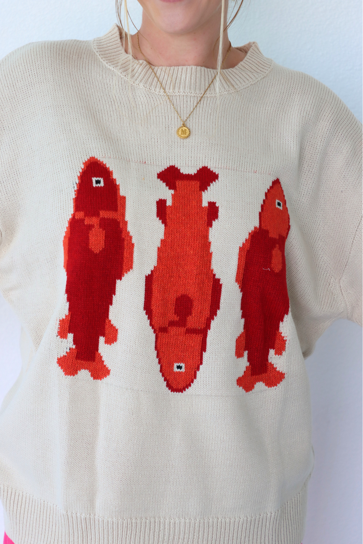 Person wearing a sweater with red fish pattern