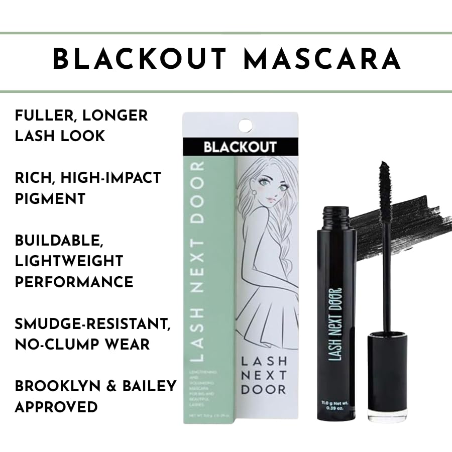 Lash Next Door Blackout mascara packaging with product and text on a white background