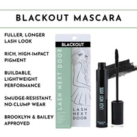 Lash Next Door Blackout mascara packaging with product and text on a white background
