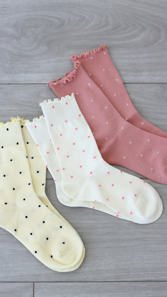 three pairs of polka dot socks 