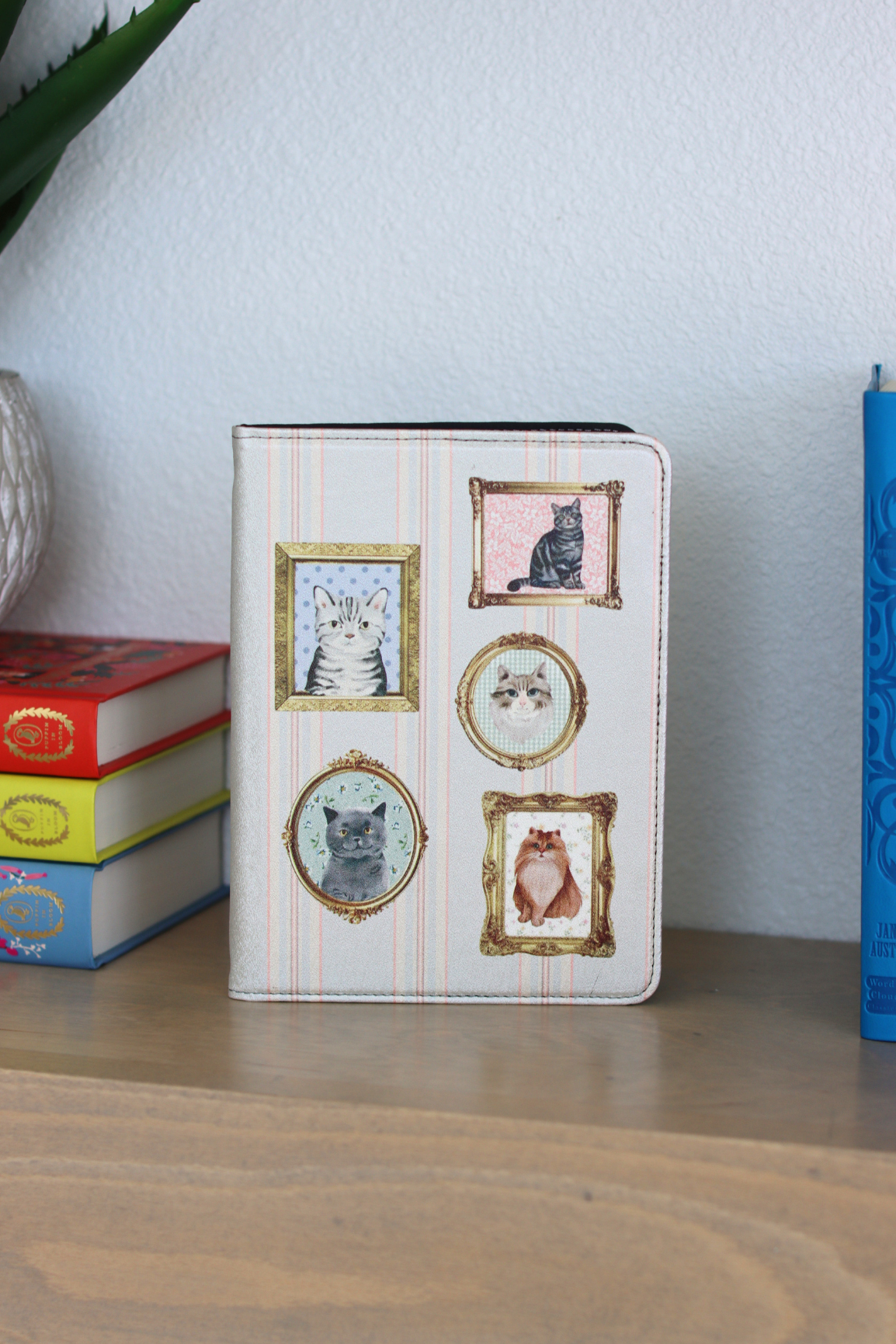 Kindle Case with cat illustrations on a shelf with books