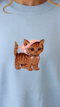 Close up of baby blue sweater with kitten embroidery 