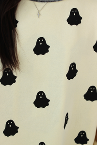 Close up of ghost graphic on sweater