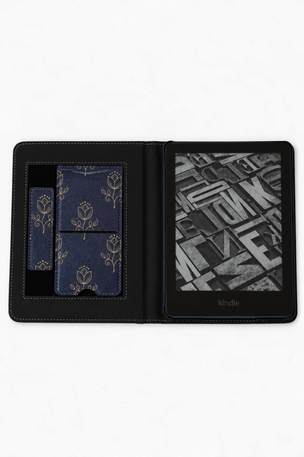 A black faux-leather Kindle e-reader folio case shown open on a white background, featuring a gold floral pattern on the card slots and a visible Kindle screen inside.