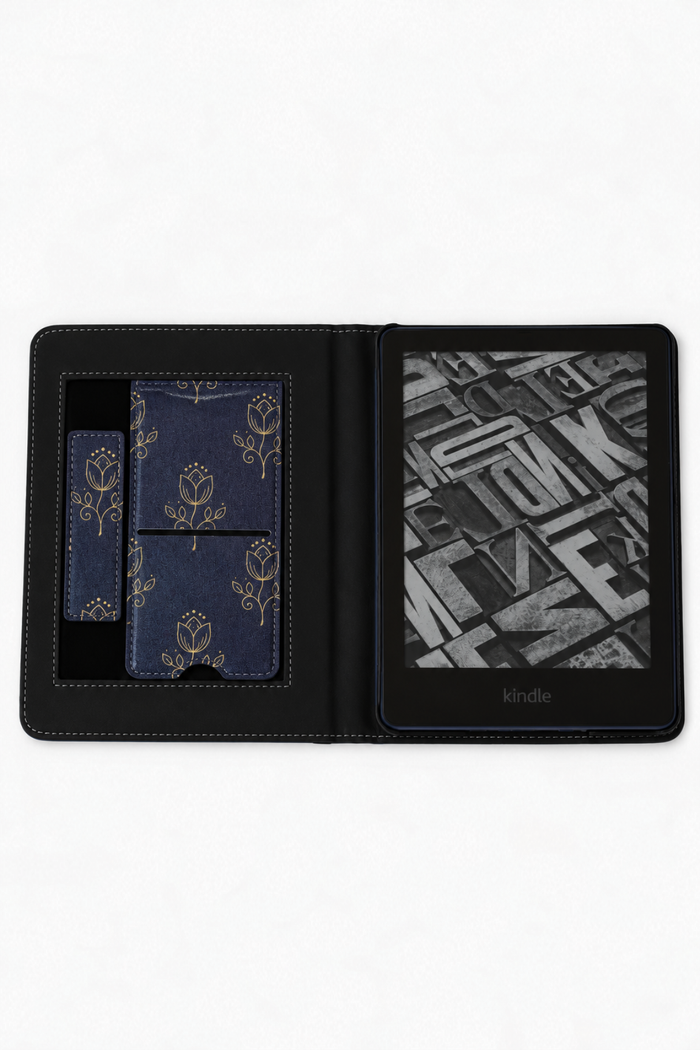 A black faux-leather Kindle e-reader folio case shown open on a white background, featuring a gold floral pattern on the card slots and a visible Kindle screen inside.