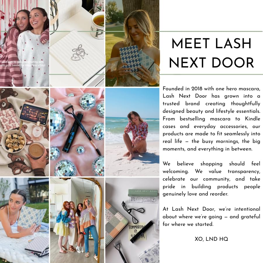 Collage of images with text about Lash Next Door brand, featuring people, products, and lifestyle scenes.