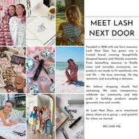 Collage of images with text about Lash Next Door brand, featuring people, products, and lifestyle scenes.