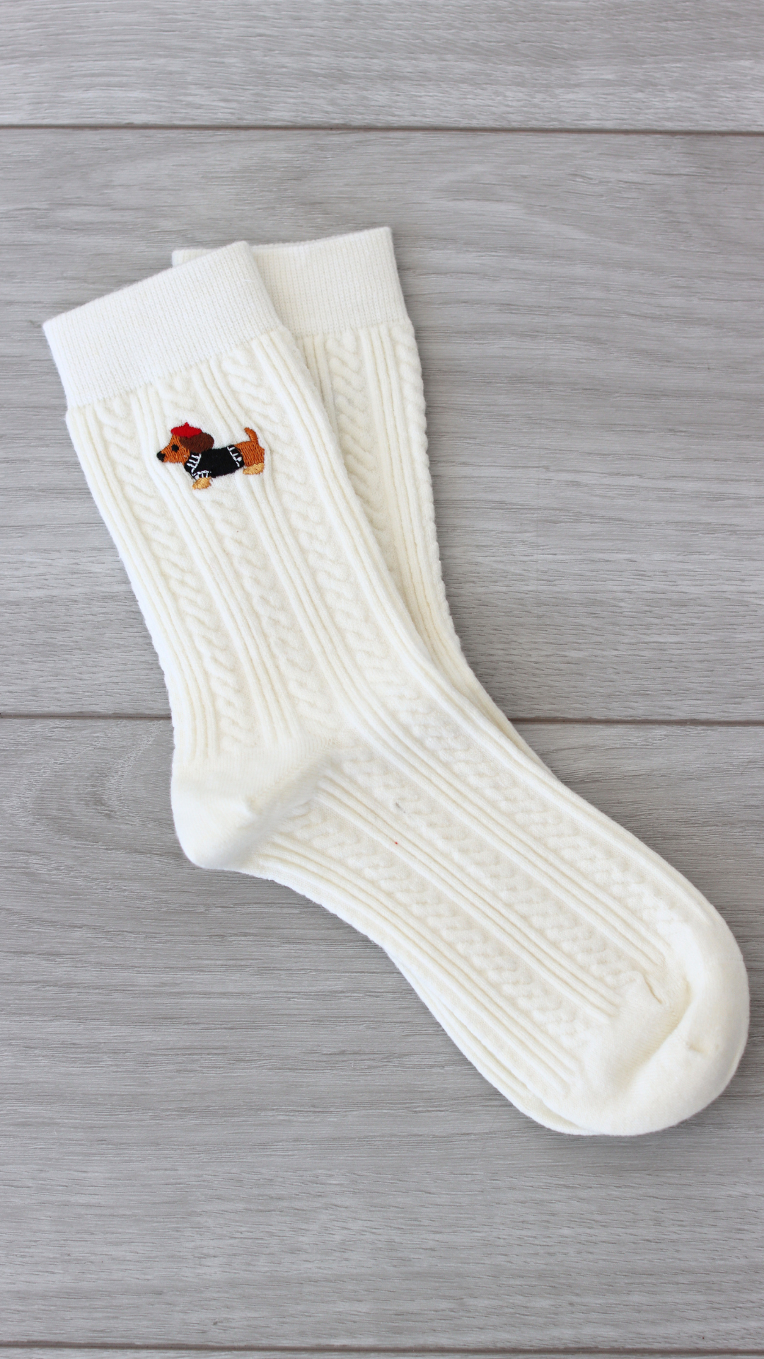 white socks with dachshund embroidery 