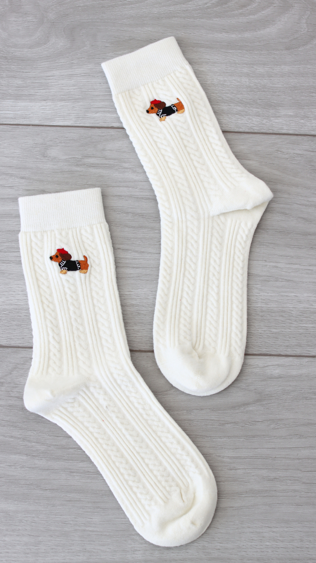 white socks with dachshund embroidery 