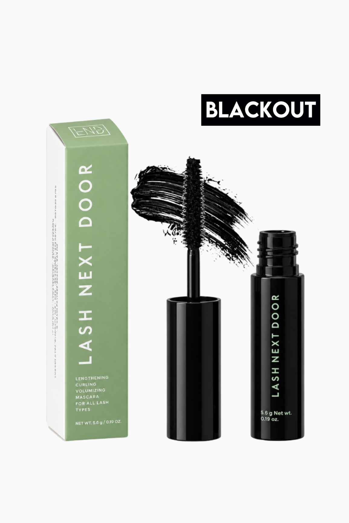 Lash Next Door eyelash conditioner in the shade Blackout, showing the black tube, the wand with black product, and the light green box on a white background.