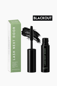 Lash Next Door eyelash conditioner in the shade Blackout, showing the black tube, the wand with black product, and the light green box on a white background.