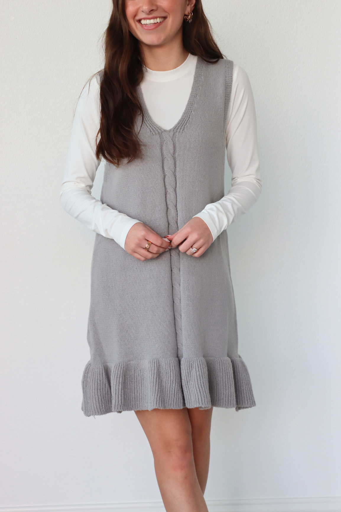 girl wearing gray knit short dress 