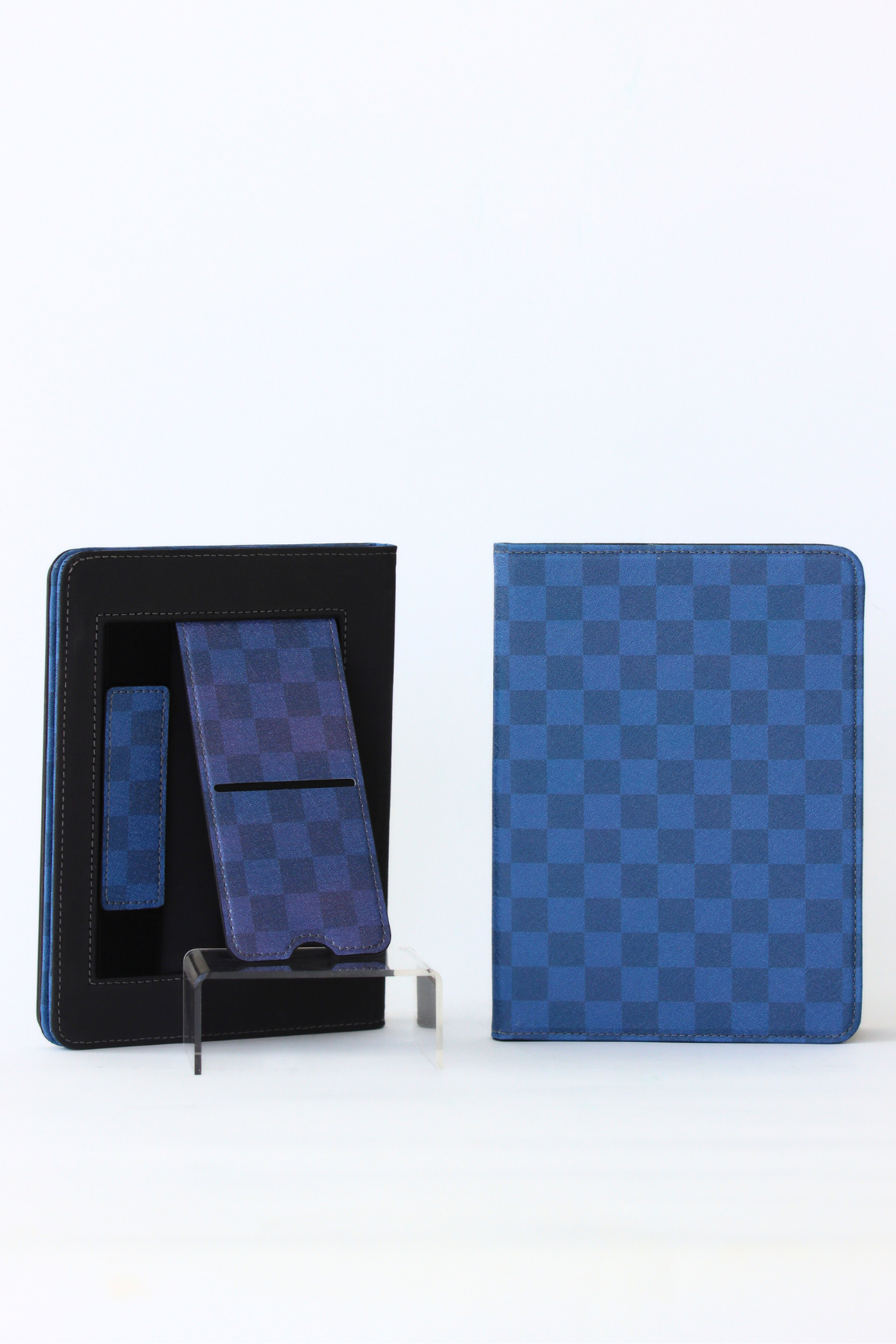 Blue checkered tablet case with stand on a white background