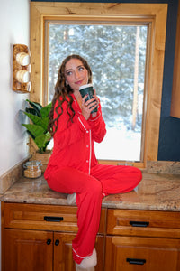 girl wearing red pajama set