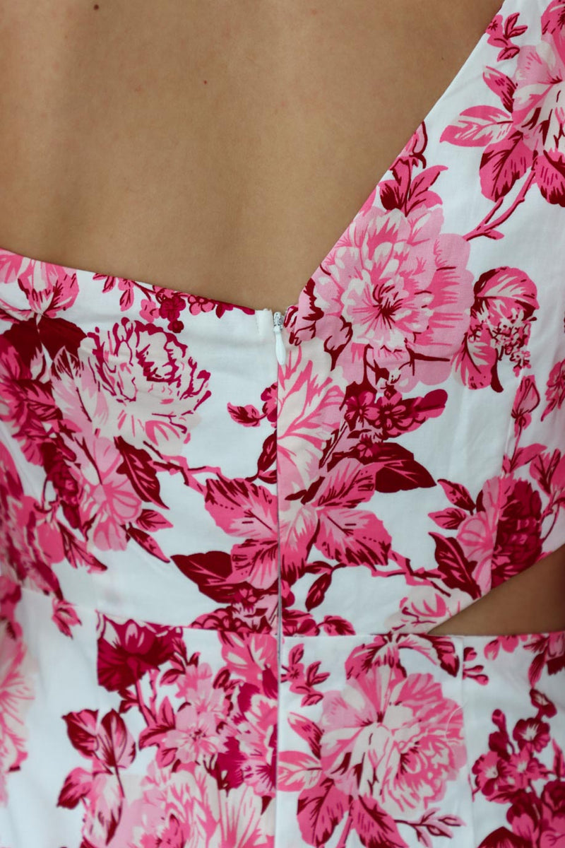 back zipper detailing short pink floral dress