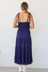 girl wearing navy blue midi dress