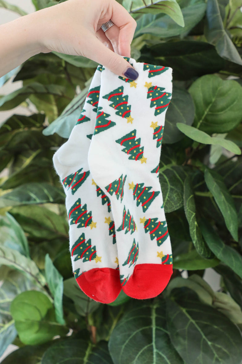 white christmas crew socks with christmas tree pattern
