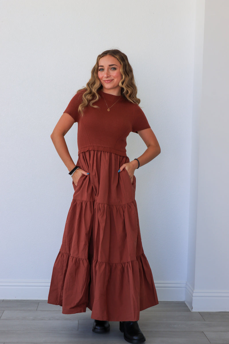 woman wearing dark red maxi red