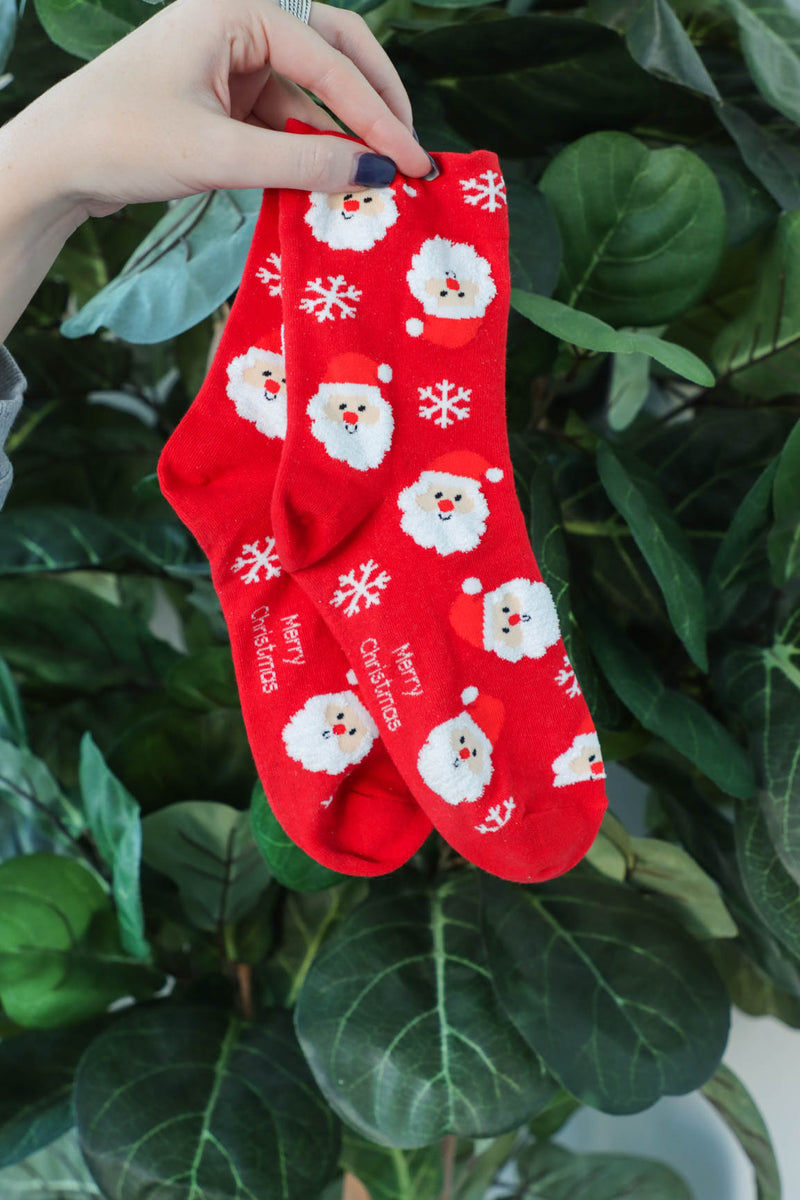 red christmas crew socks with santa pattern