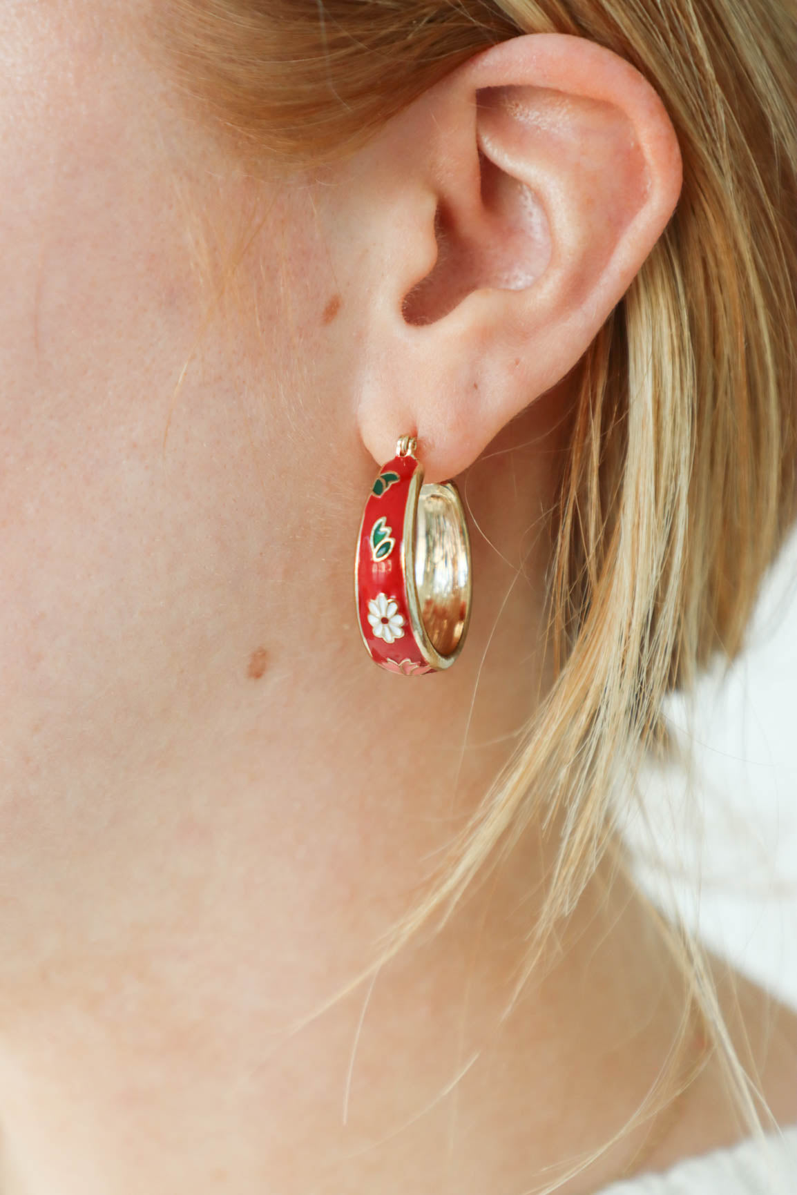 red floral hoop earrings