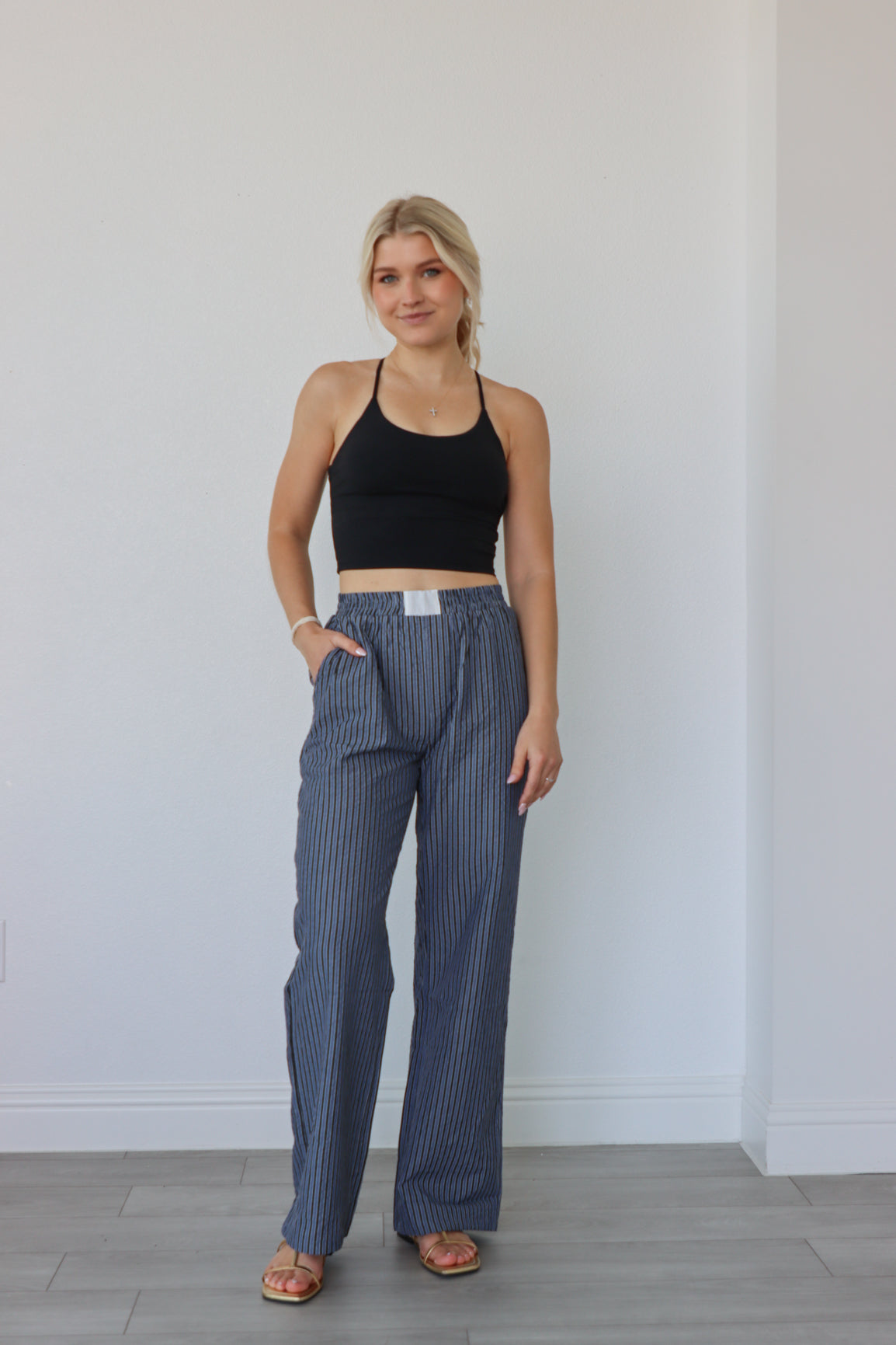 navy pinstripe loose pants