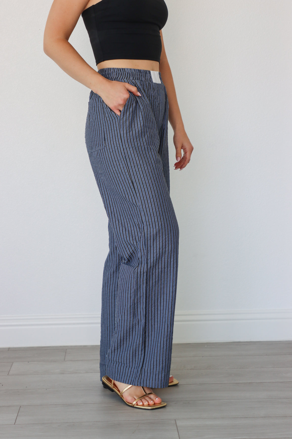 navy pinstripe loose pants