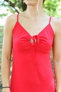 girl wearing short red tank top dress with keyhole detailing