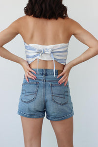 tie back detailing on light blue and white striped strapless top