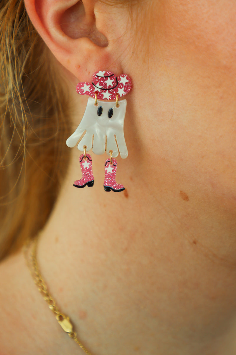 pink ghost cowboy earrings