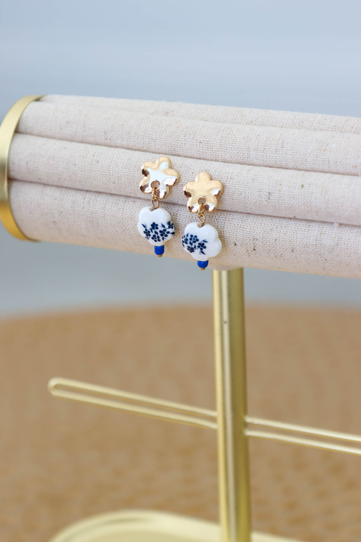 earrings with white and blue porcelain charm